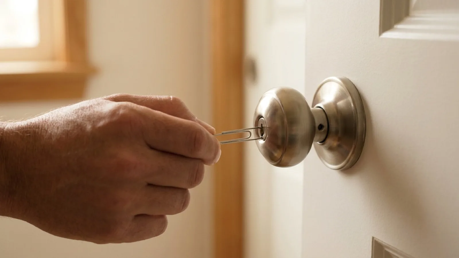 Una mano liberando el seguro de privacidad de una puerta de recámara interior con una herramienta pequeña