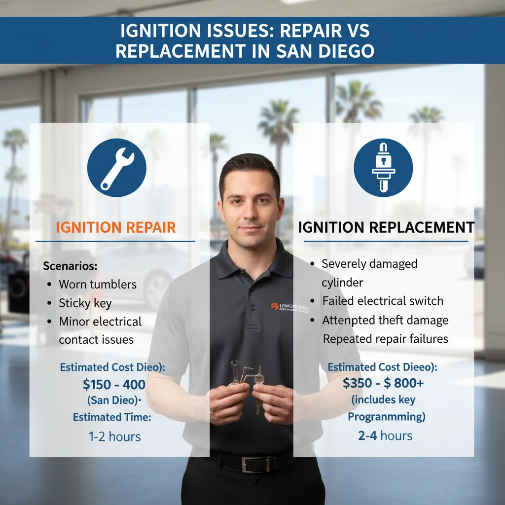 Infographic comparing ignition repair vs. replacement factors, costs, and timelines in San Diego.