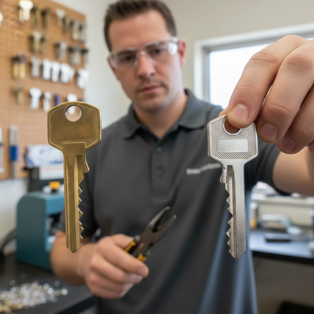 A worn original key next to a sharp, perfectly cut duplicate key from a locksmith.
