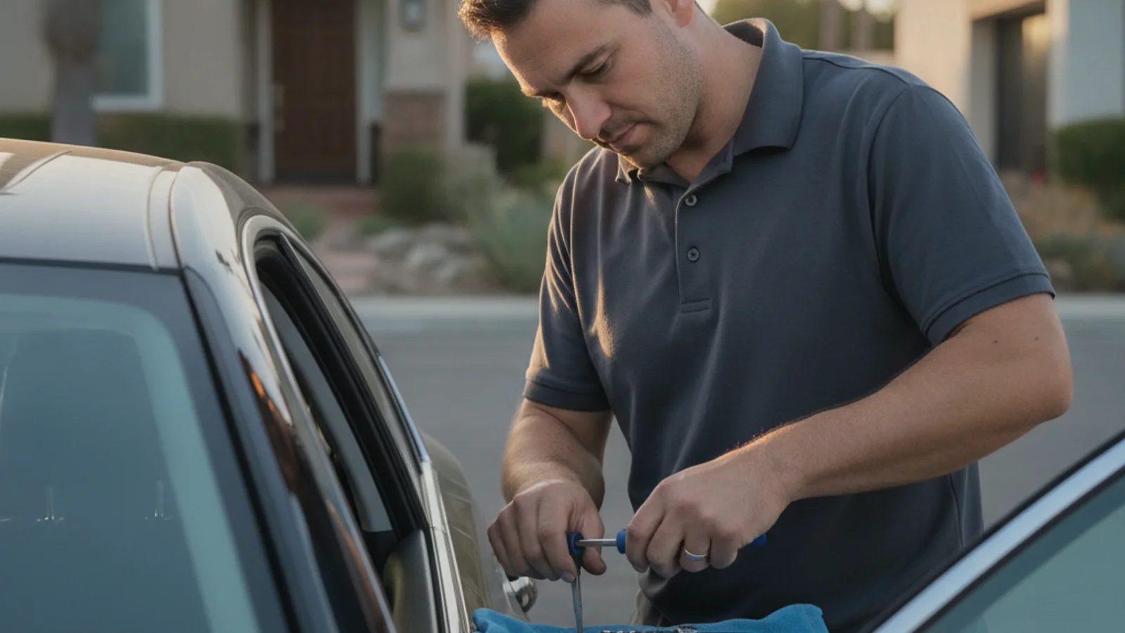 Locksmith opening a car key fob with a small screwdriver beside a car in a San Diego driveway