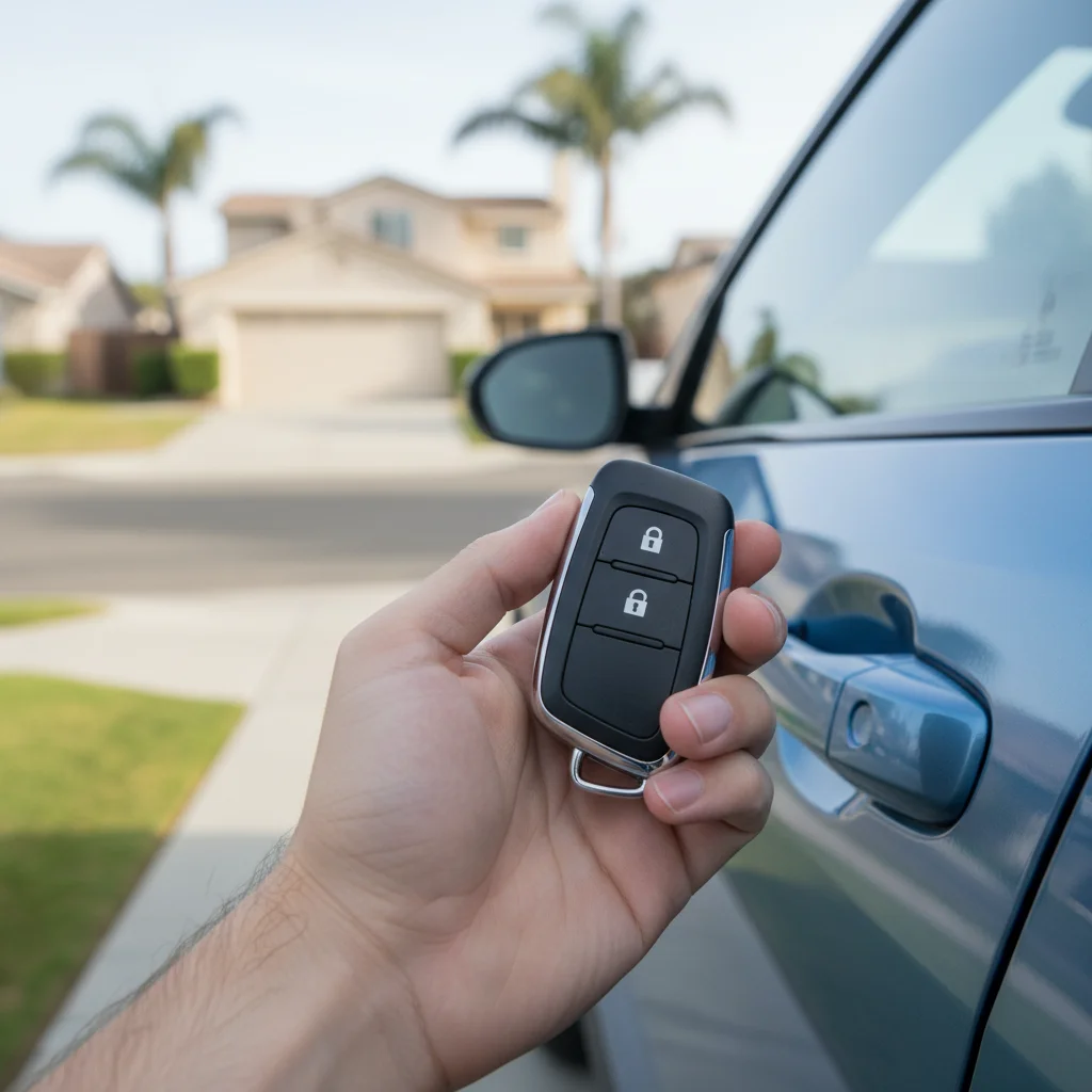 Close-up of a hand holding a modern car key fob next to a car door, soft natural daylight, San Diego suburban driveway in soft focus background