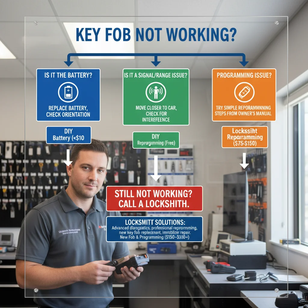 Infographic illustrating common key fob issues, DIY troubleshooting steps, and when professional locksmith help is needed, showing comparative costs.