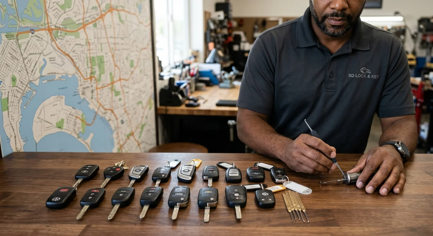 A clean shot of various types of car key fobs laid out on a clean surface, with a blurred background of a San Diego map.