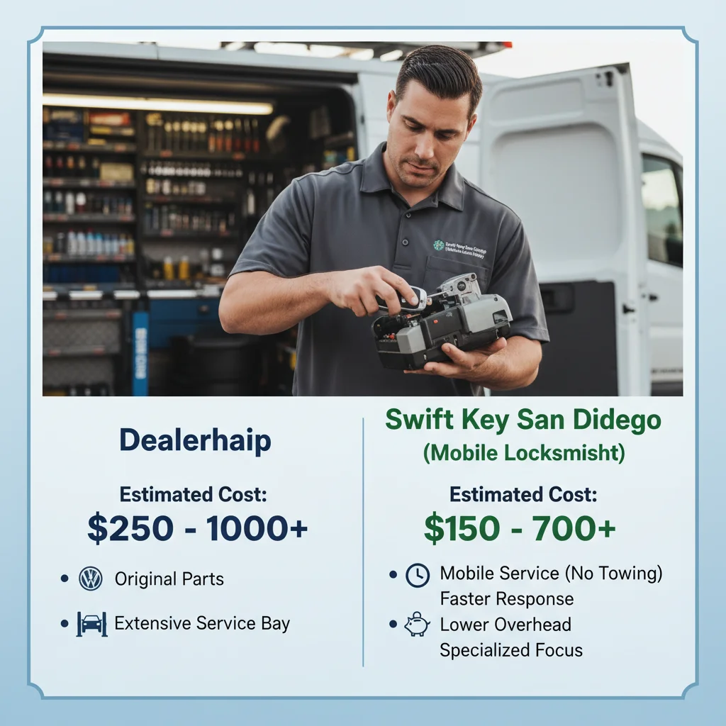 Infographic comparing estimated key fob programming costs in San Diego for various car makes between dealerships and mobile locksmiths.
