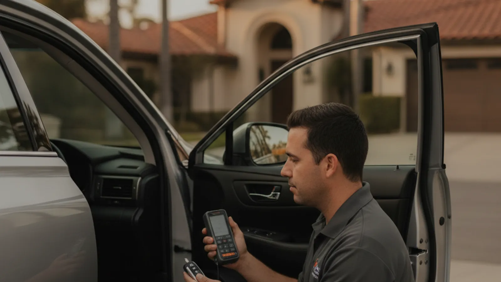 Un cerrajero móvil programando un control de llave inteligente de reemplazo para Lexus con una herramienta de diagnóstico junto a un Lexus RX estacionado en la entrada de una casa en San Diego.