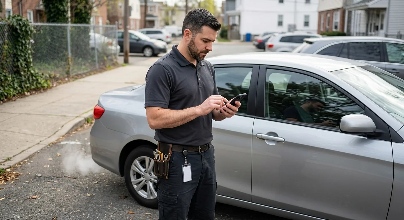 Driver checking a phone beside a locked running car