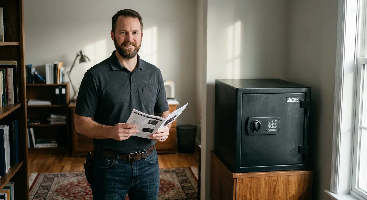 Homeowner beside a closed Gardex home safe holding the owner's manual