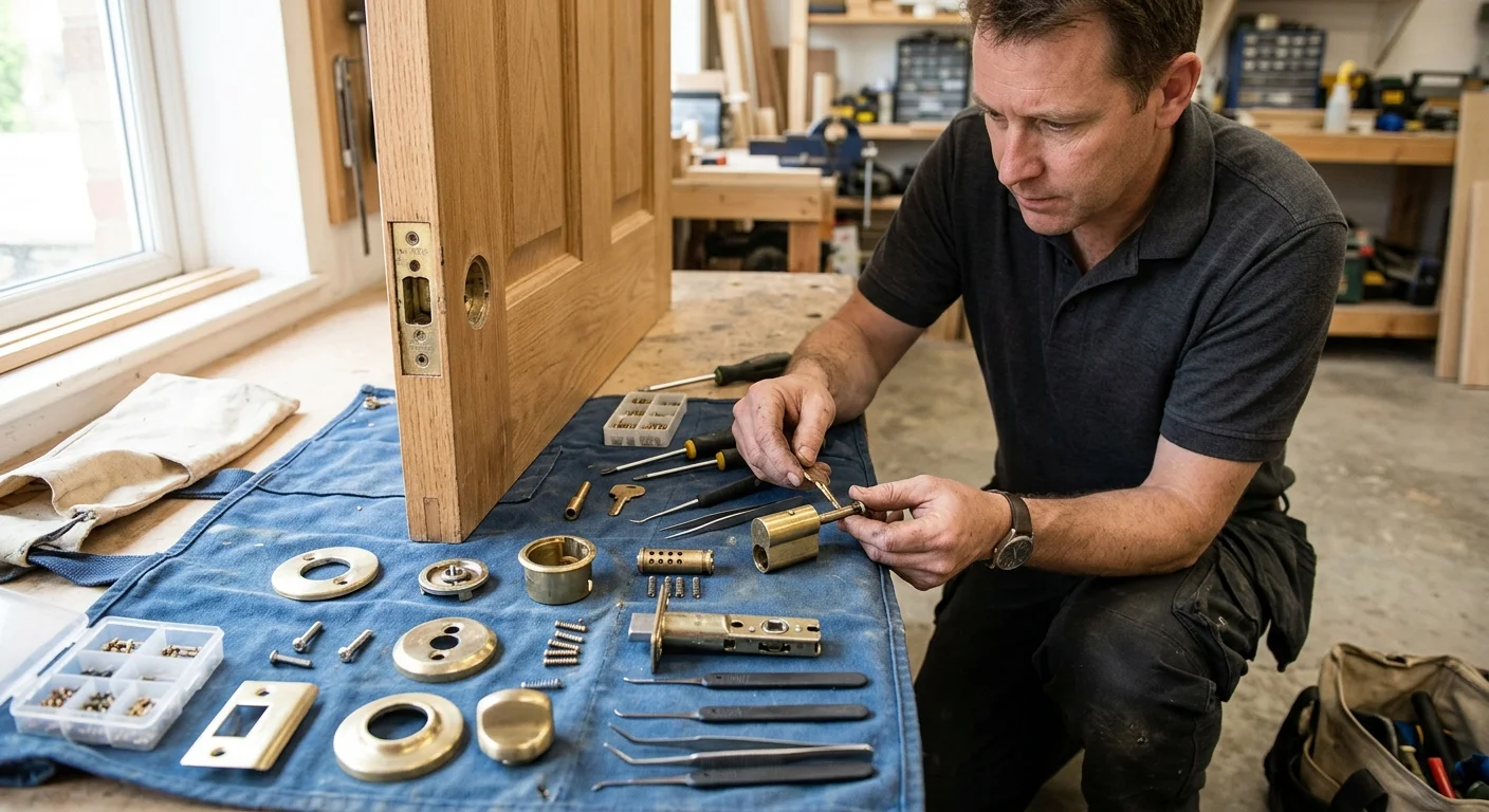 Disassembled door lockset arranged beside a door edge