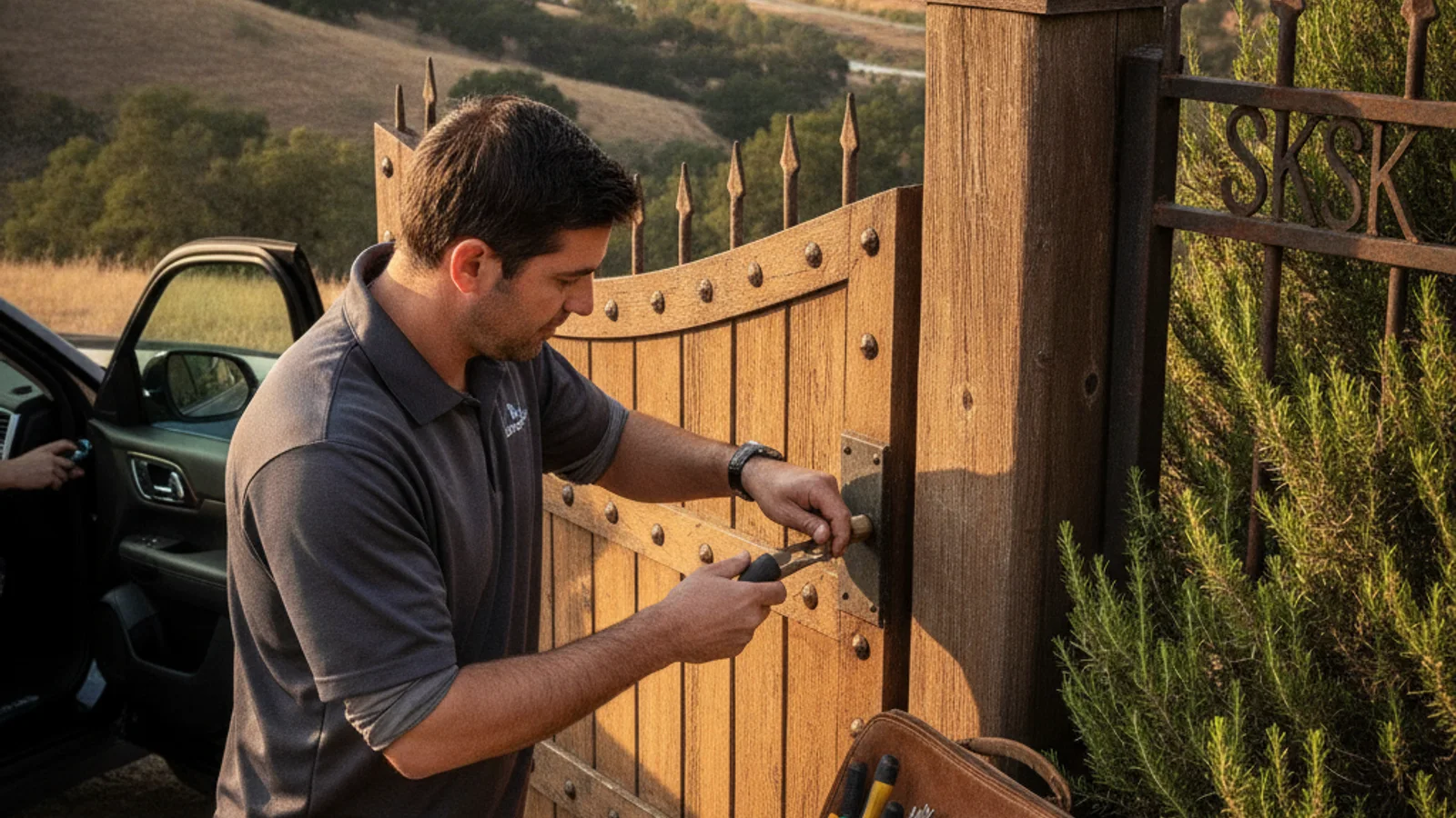Mobile locksmith in a lavender polo working on a gate cylinder at a Bonsall equestrian ranch, with the San Luis Rey River valley visible in the background