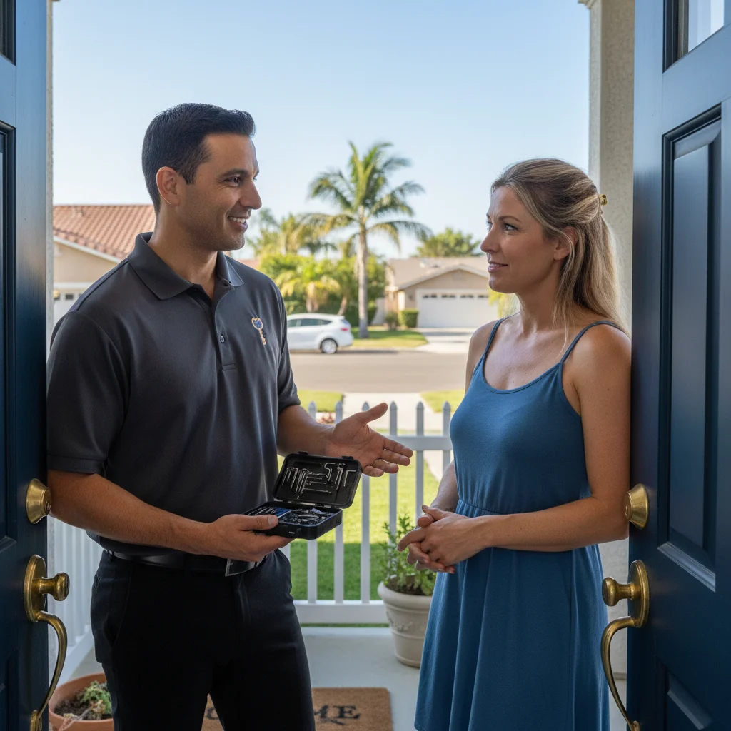 A Swift Key San Diego locksmith helping a homeowner at their front door in El Cajon.