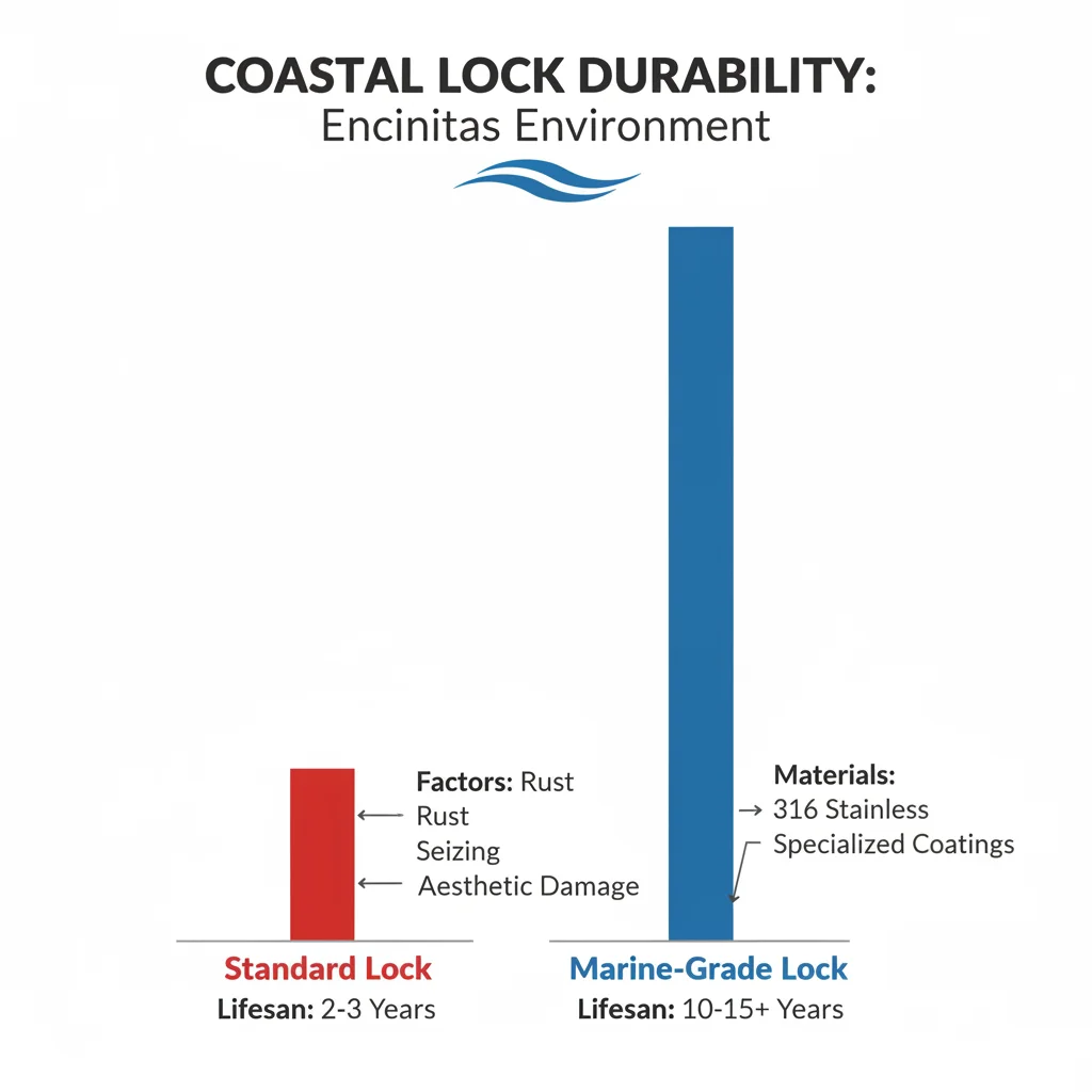Infographic comparing the lifespan of standard locks vs. marine-grade locks in coastal Encinitas environments.