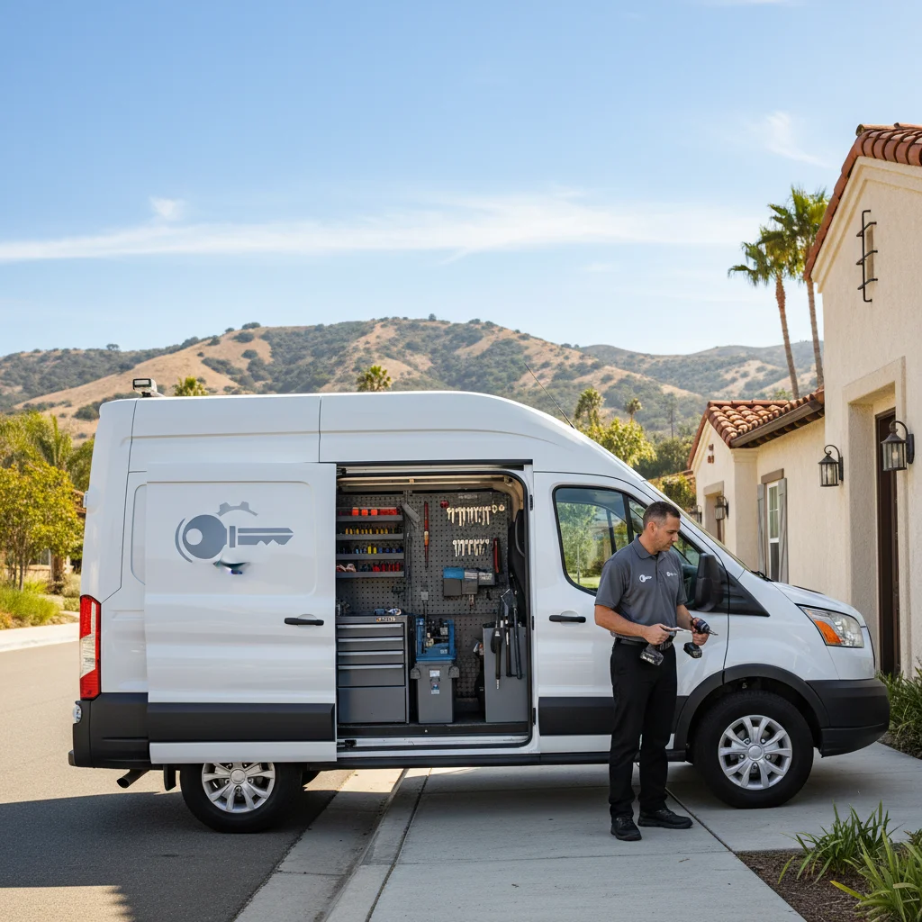 A Swift Key San Diego service van parked on a sunny street in Escondido, with the distinct rolling hills of the area in the background.