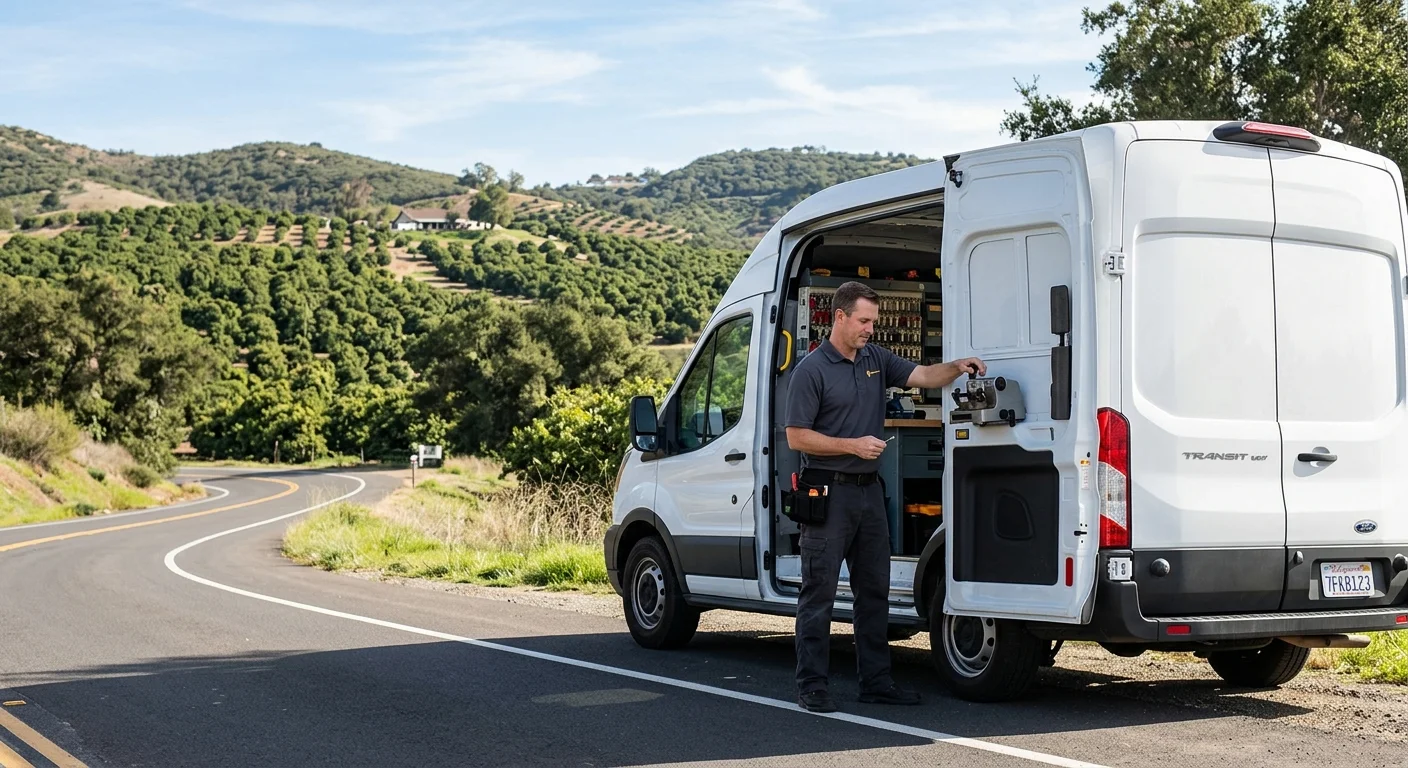 A clean locksmith van parked on a street in Fallbrook, with the area's characteristic avocado groves or rolling hills in the background on a sunny day.