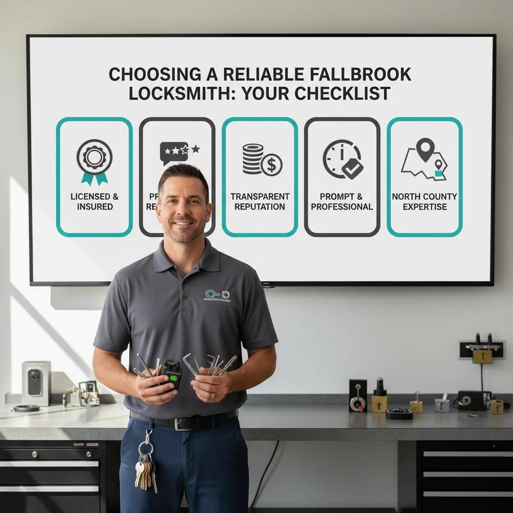 Infographic detailing key factors for choosing a reliable locksmith: Licensing, Insurance, Local Presence, Online Reviews, and Upfront Pricing.