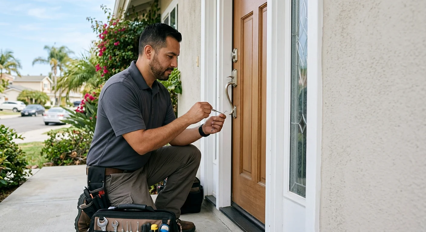 A licensed mobile locksmith working on a home or apartment door in San Diego, appearing professional and calm.