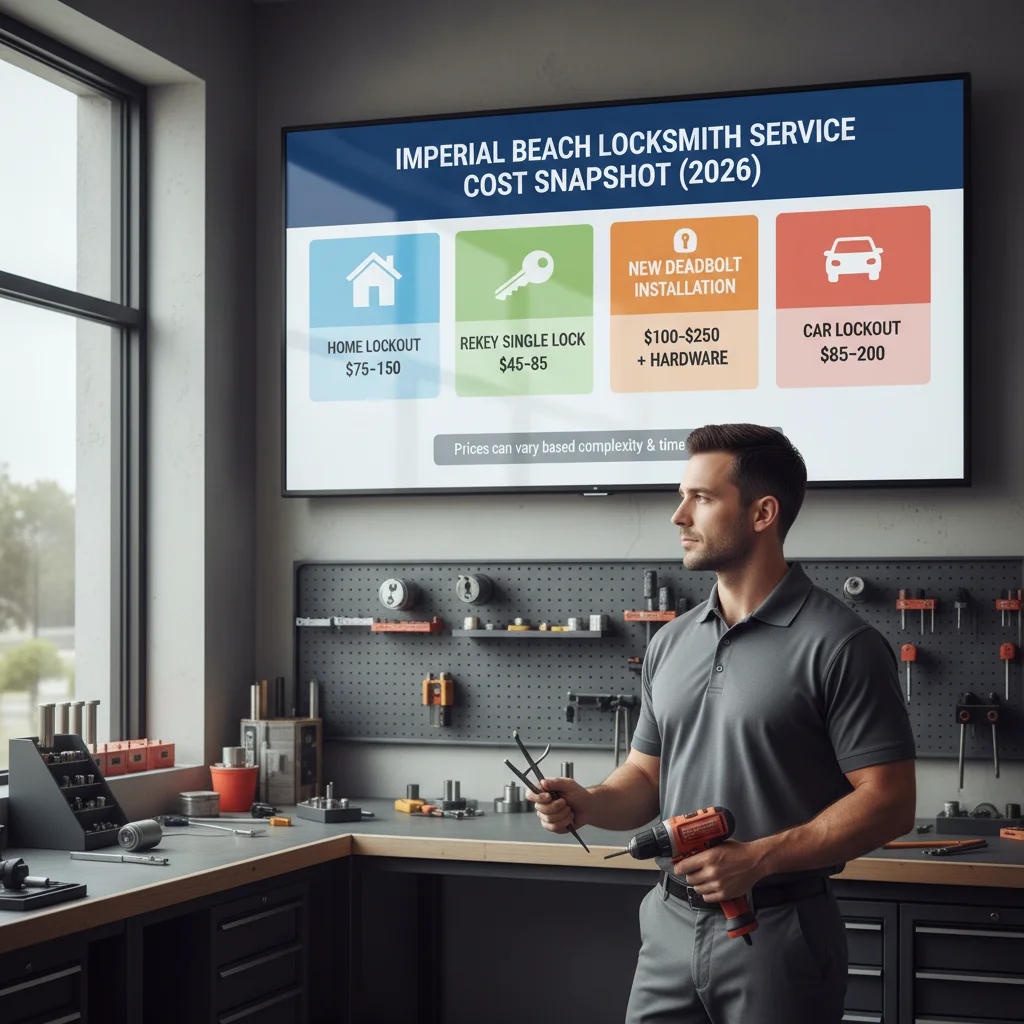 Infographic detailing common locksmith services for Imperial Beach residents, including key concerns, typical calls, and cost considerations.