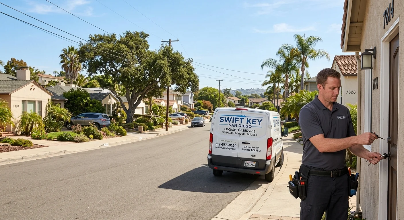 A sunny, wide shot of a residential street in La Mesa, California, with a Swift Key San Diego service vehicle visible and in focus.