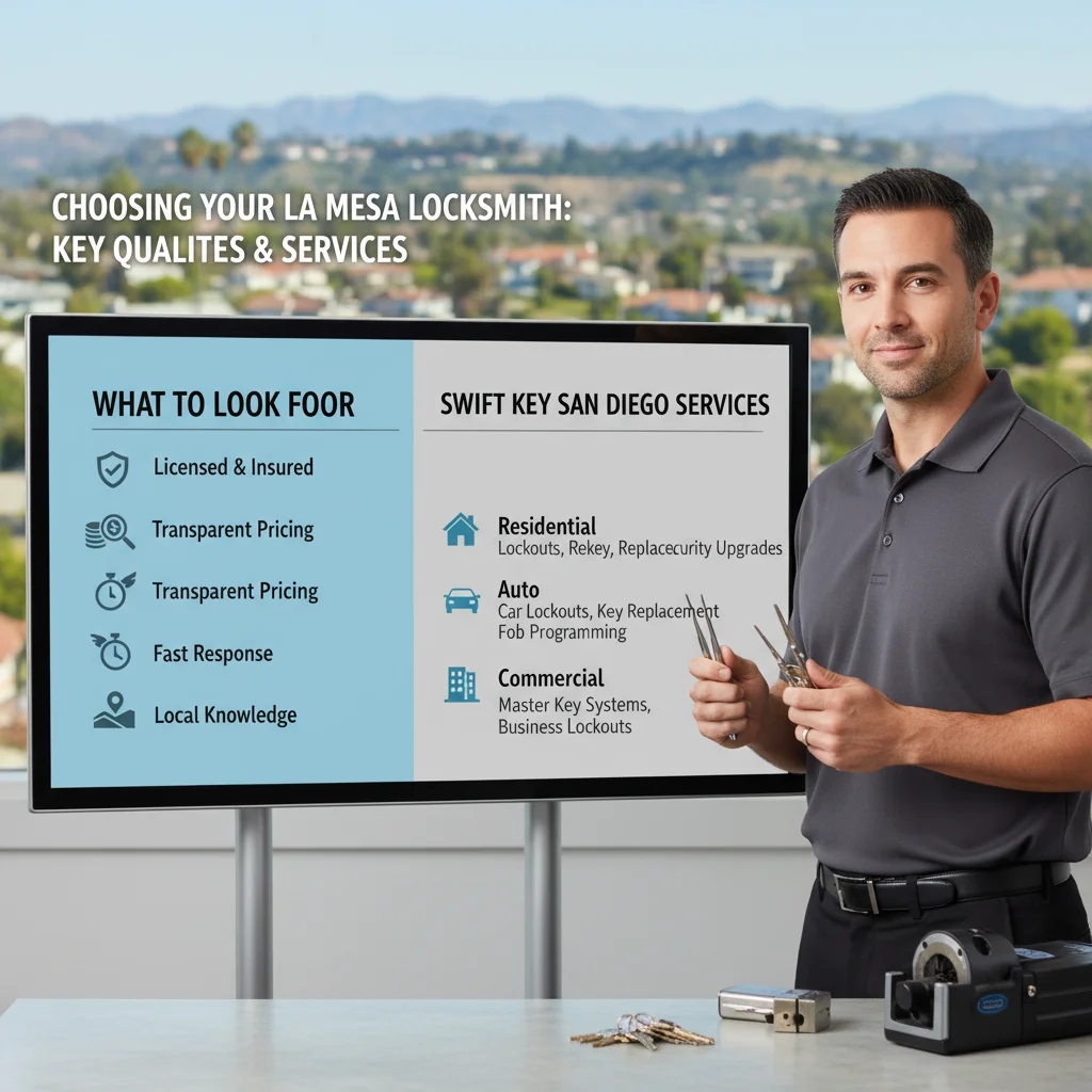 Infographic detailing the key qualities of a reliable La Mesa locksmith: licensed, insured, transparent pricing, fast response, local knowledge, and comprehensive services.