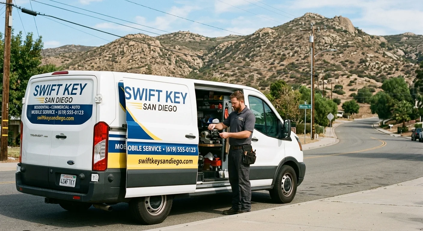 A Swift Key San Diego service van parked on a street with a view of the hills characteristic of Lakeside, CA.