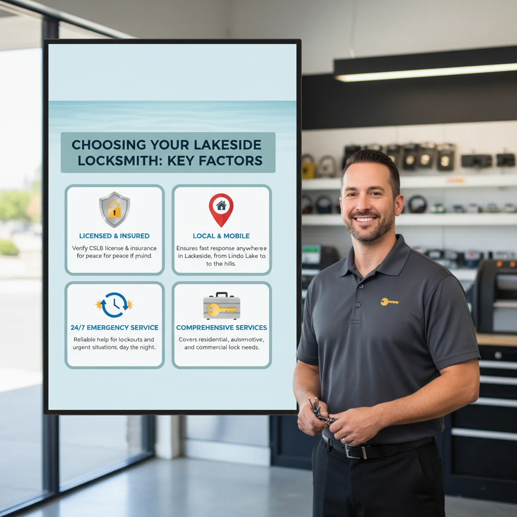 An infographic showing key factors for choosing a locksmith in Lakeside, CA, including licensing, insurance, mobile service, and emergency availability.