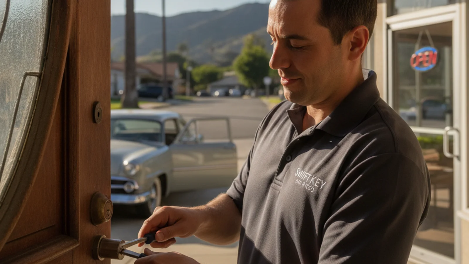 Locksmith in a lavender polo rekeying a worn Kwikset cylinder on a mid-century ranch home front door in Lemon Grove