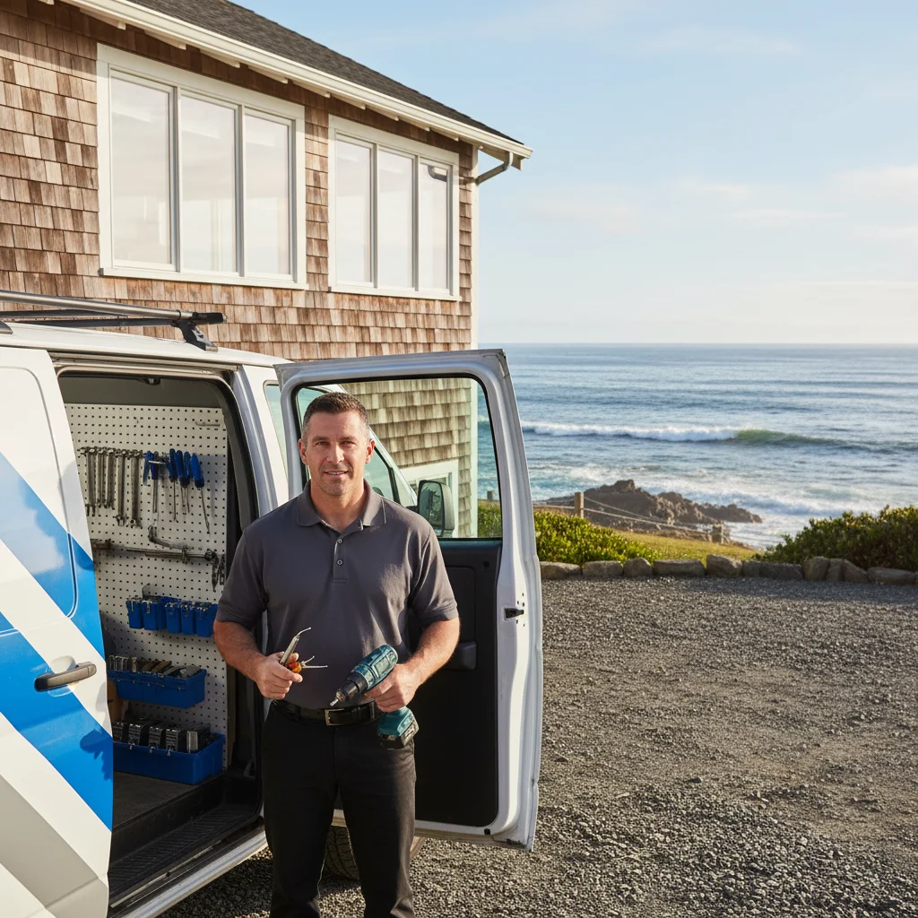 A Swift Key San Diego locksmith van parked near a coastal home in Oceanside, with the ocean visible in the background.