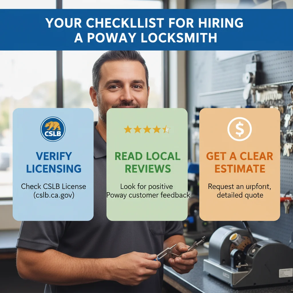 Infographic showing a checklist of qualities to look for in a local Poway locksmith, including CSLB licensing, customer reviews, and mobile service.