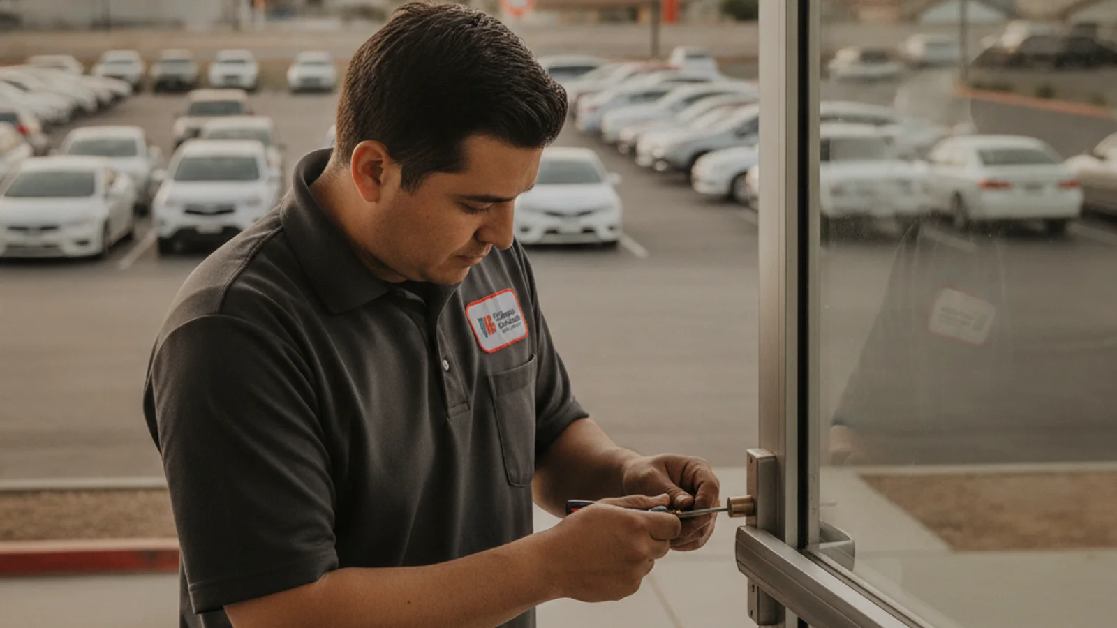 Mobile locksmith in a lavender polo at a car door near the San Ysidro border crossing with the Blue Line trolley station visible in the background