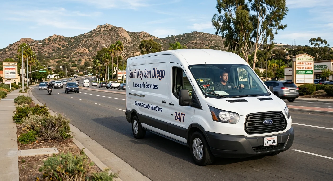 A Swift Key San Diego locksmith van driving on a main road in Santee, CA, with recognizable local scenery in the background.