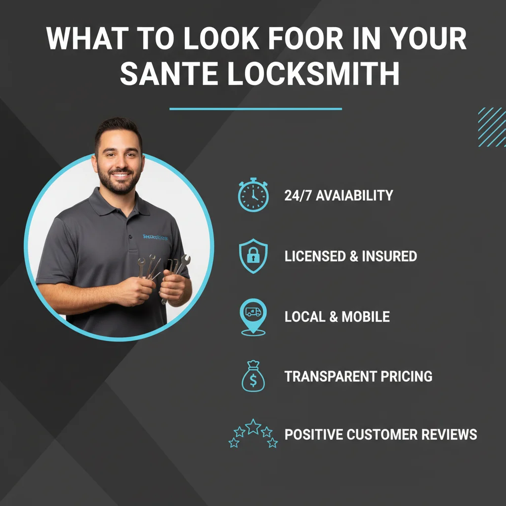 An infographic showing key factors for choosing a reliable locksmith: 24/7 availability, local presence, licensed and insured, upfront pricing, and positive customer reviews.