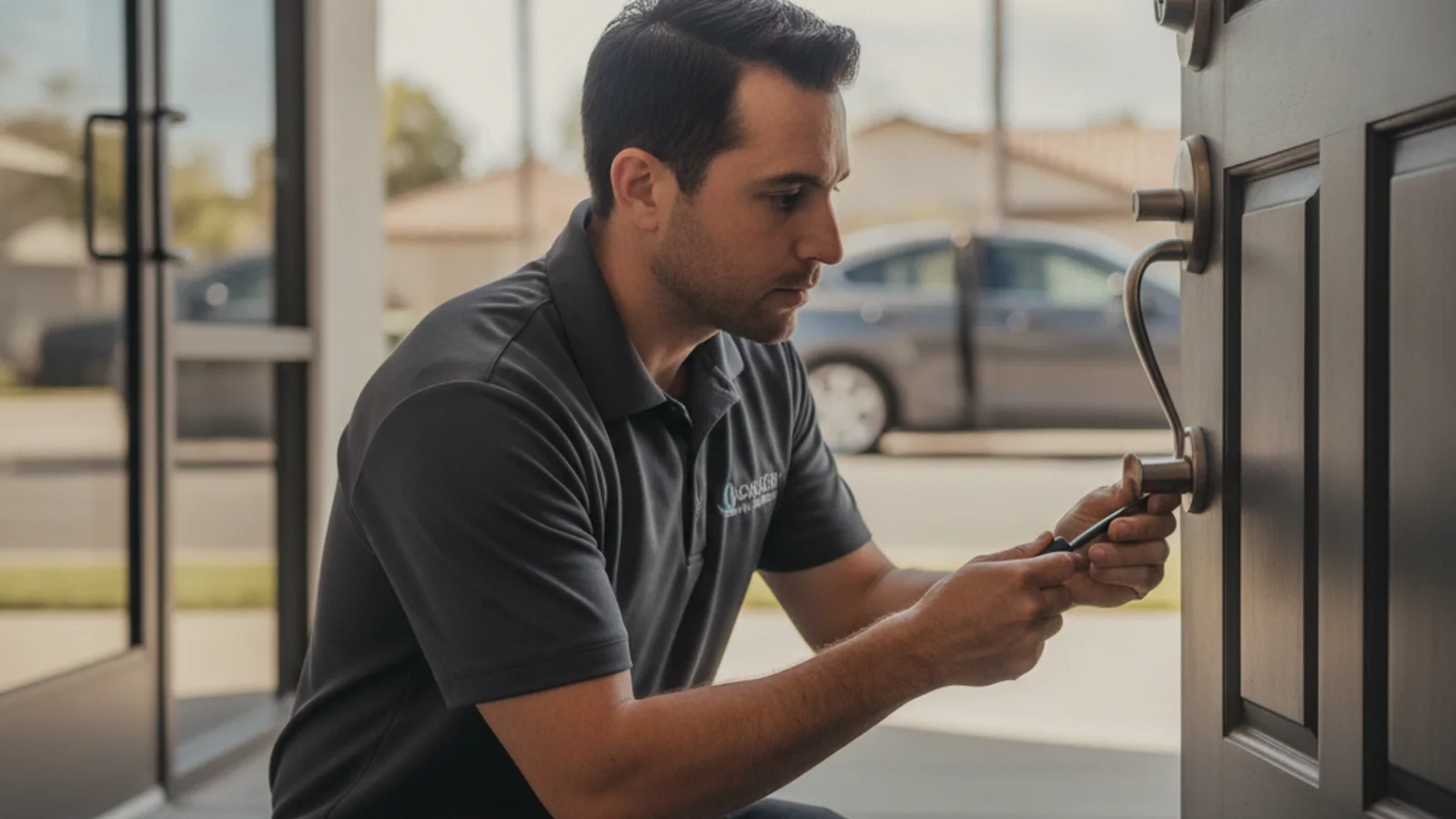 A person looking at their phone while standing outside a locked door, researching a locksmith service