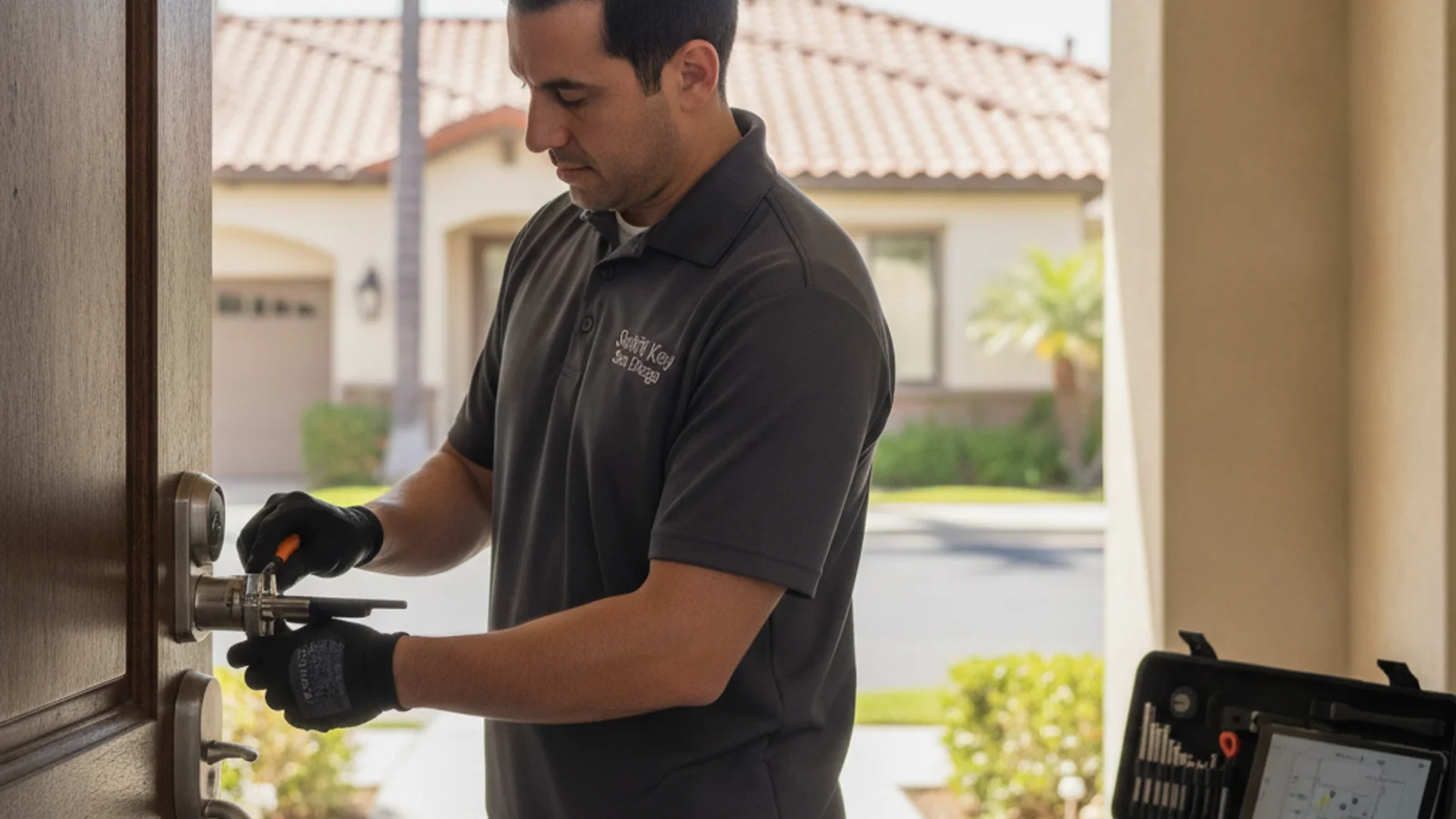 Locksmith in a lavender polo installing a smart lock on a Scripps Ranch single-family home front door, palm trees and a master-planned neighborhood streetscape in the background