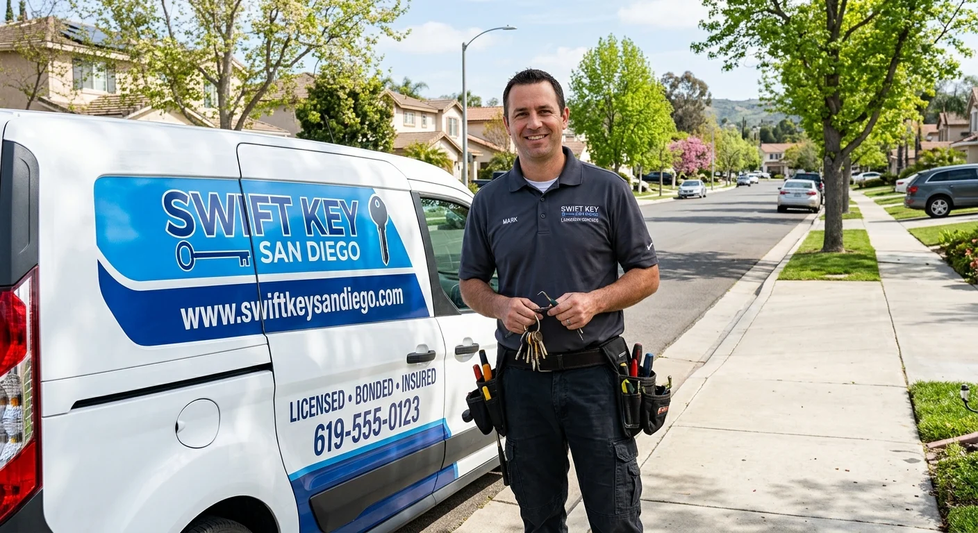 A friendly locksmith standing next to a Swift Key San Diego van, with a sunny suburban Spring Valley street in the background.