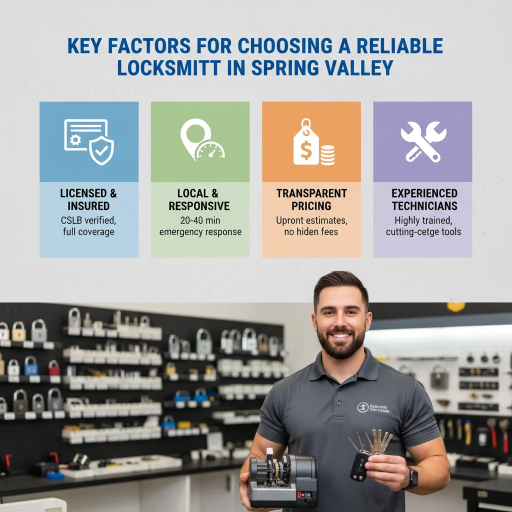 Infographic illustrating the key factors to consider when choosing a reliable locksmith in Spring Valley, including licensing, local presence, and rapid response.