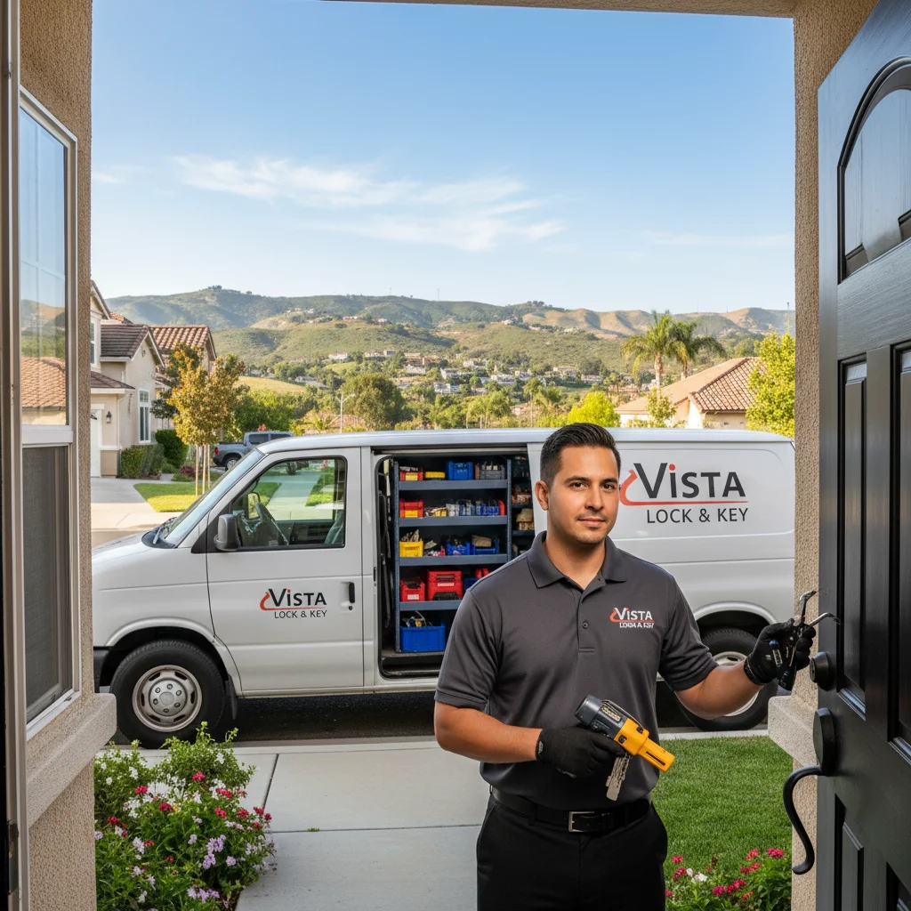 A locksmith van parked in a well-kept suburban neighborhood in Vista, CA, with rolling hills visible in the background.