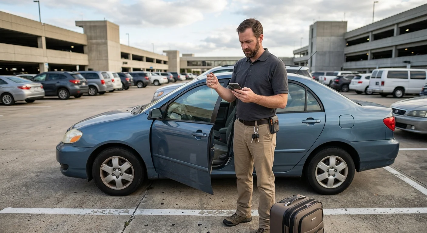 Traveler checks an empty key ring beside a car in airport parking