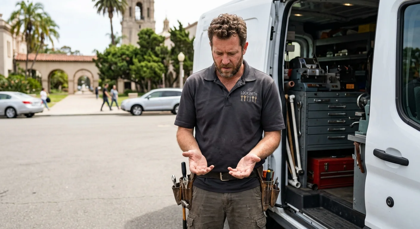 A slightly distressed person looking at their empty hands, with a blurred background of a car parked near a San Diego landmark like Balboa Park or a beach.