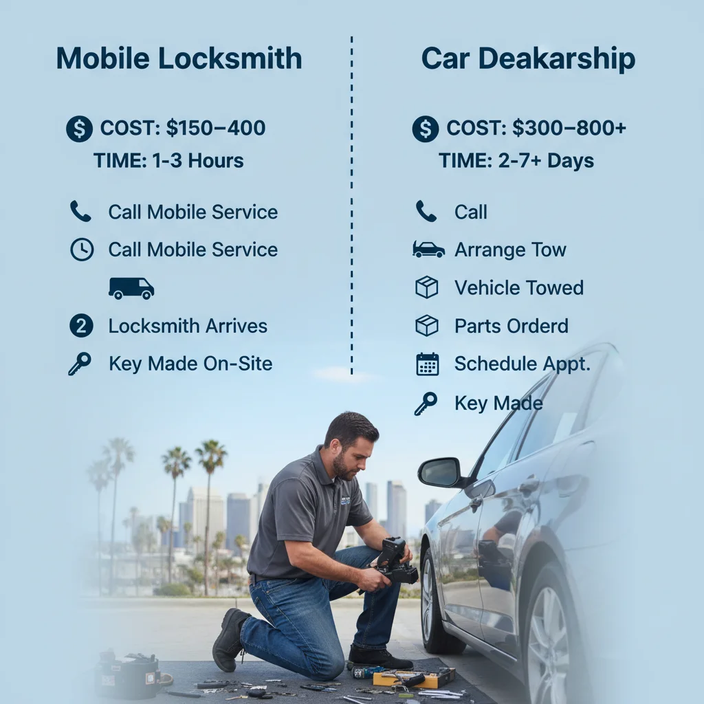Infographic comparing typical car key replacement costs and wait times for locksmiths versus dealerships in San Diego, highlighting locksmith advantages.