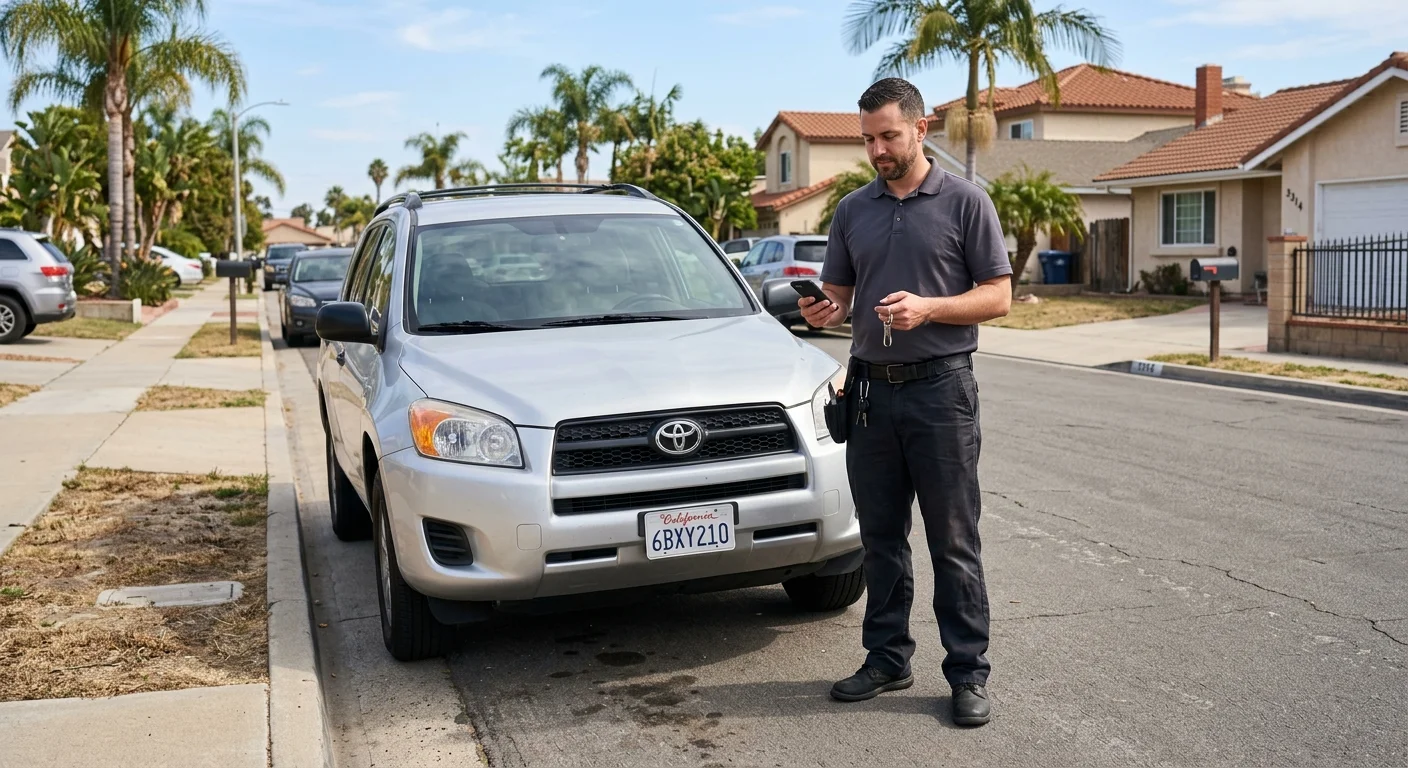 Driver checks an empty key ring beside a parked car in Chula Vista