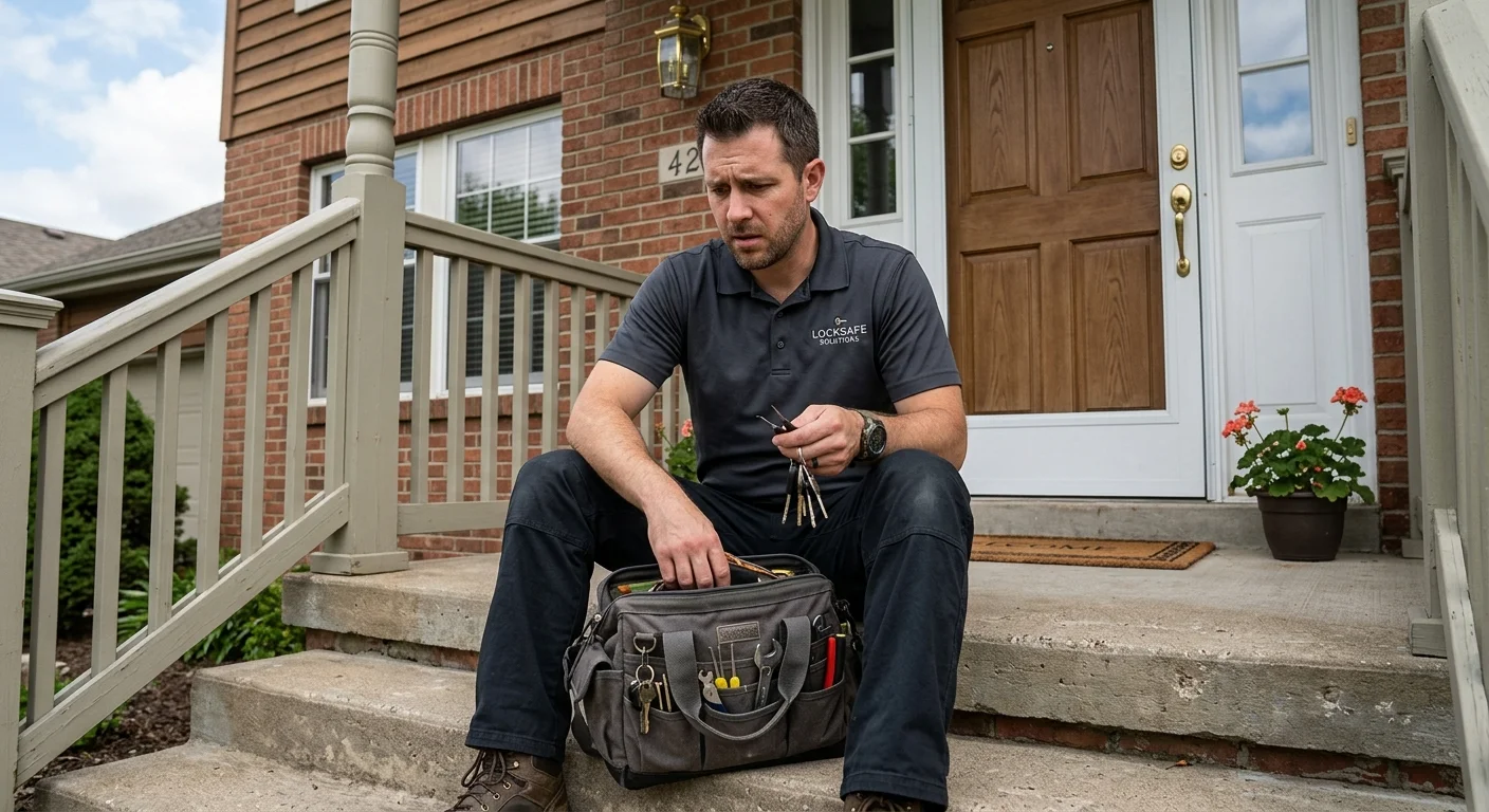 A person looking concerned, searching through a purse or bag on a front porch step, with their house front door in the background.