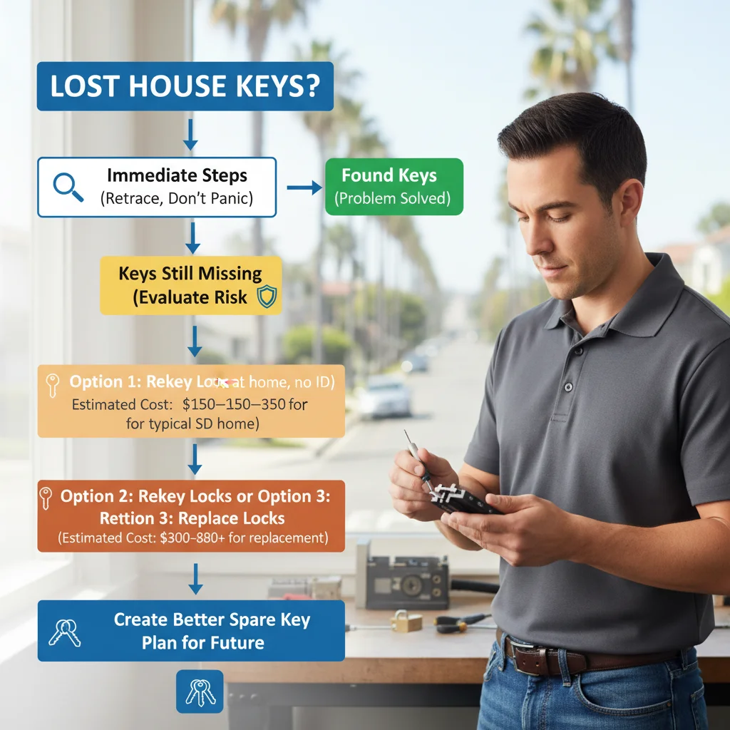 Infographic comparing actions and costs for lost house keys: retrace steps, rekeying options, lock replacement, and making spare keys, showing typical San Diego price ranges.
