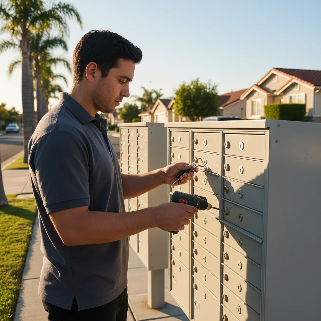 A row of community cluster mailboxes in a sunny San Diego neighborhood.
