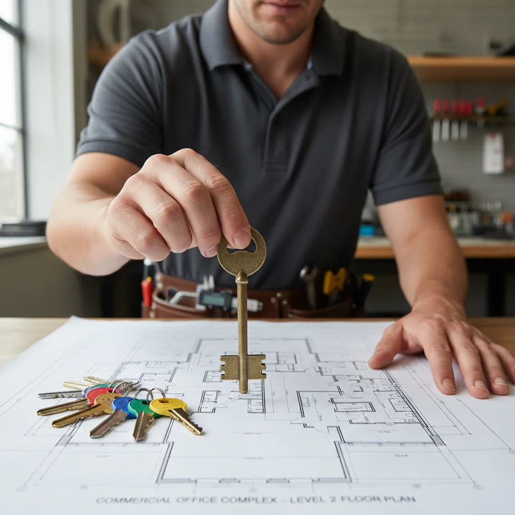 A professional holding a master key with several sub-master keys arranged on a building blueprint.