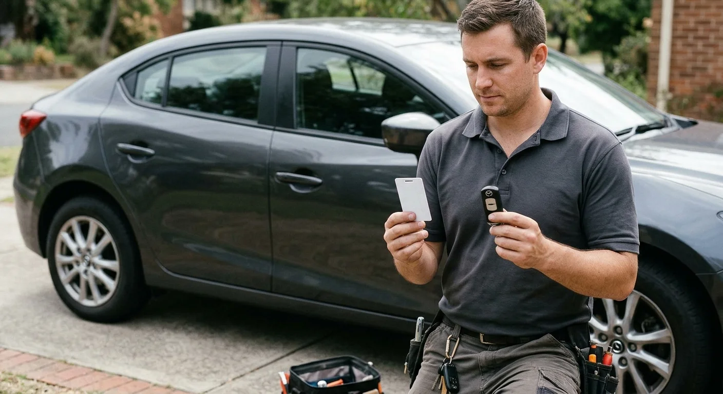 Driver comparing a Mazda key to a vehicle card beside a parked car