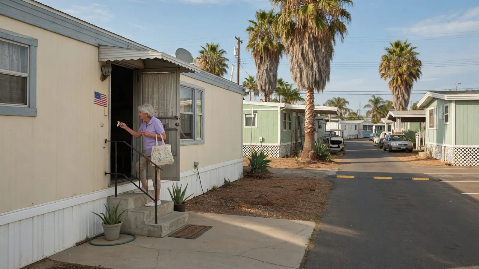 Resident at the metal entry door of a manufactured home in a San Diego County park