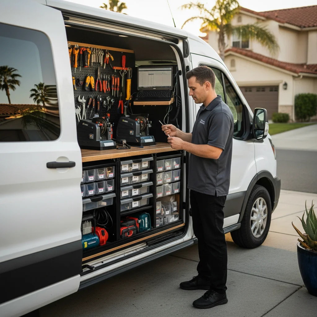Swift Key San Diego's mobile locksmith van, open to show key cutting equipment and tools in a sunny driveway.