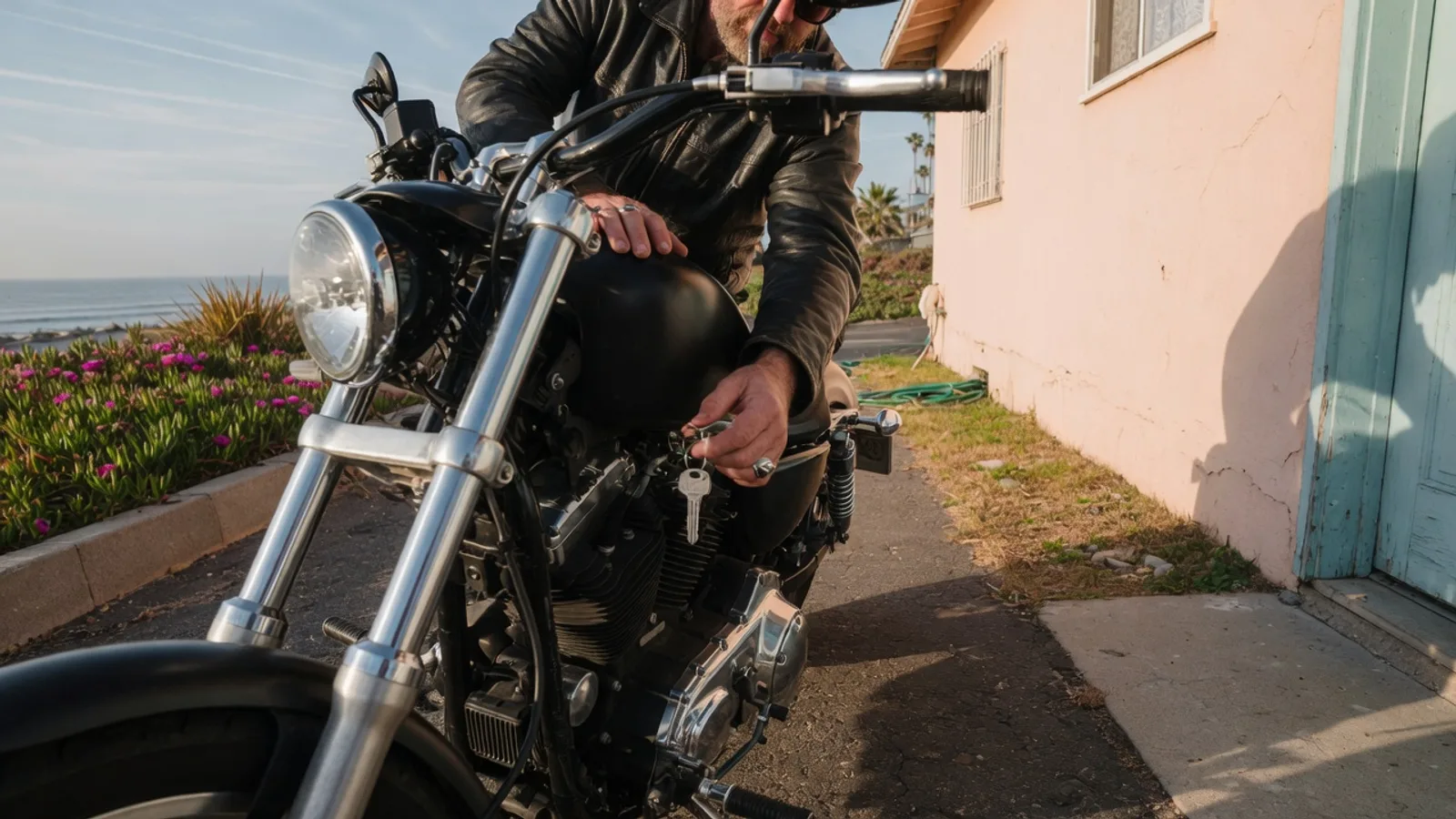 Rider holding a motorcycle ignition key beside a cruiser parked at a San Diego beach house