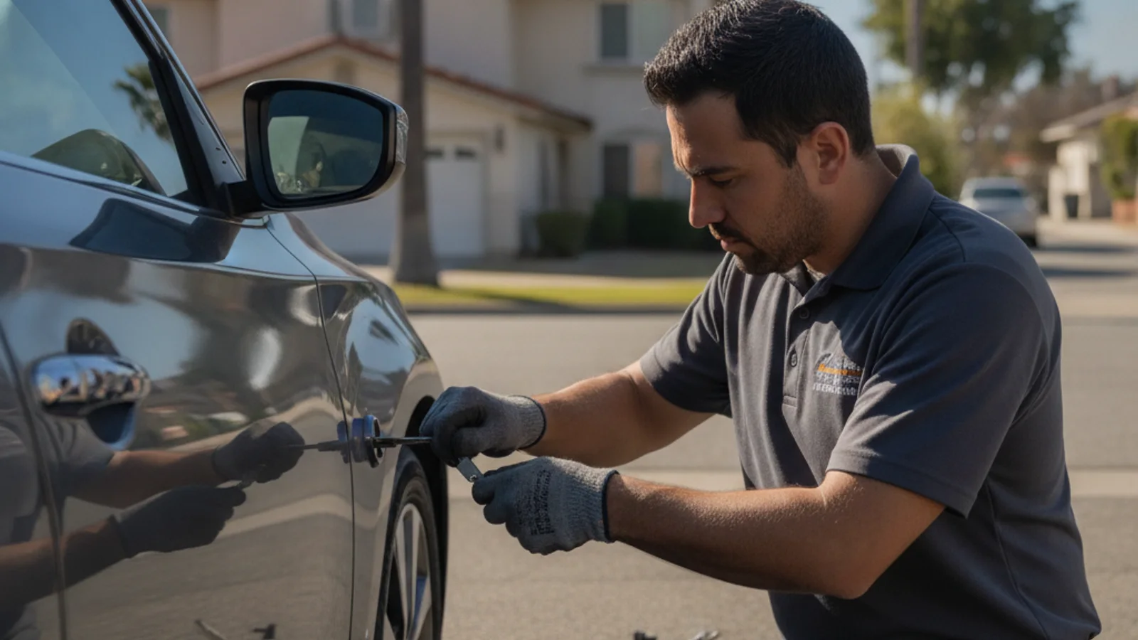 A mobile locksmith programming a replacement Nissan Intelligent Key fob using an OBD diagnostic tool connected to a Rogue in a San Diego parking lot.