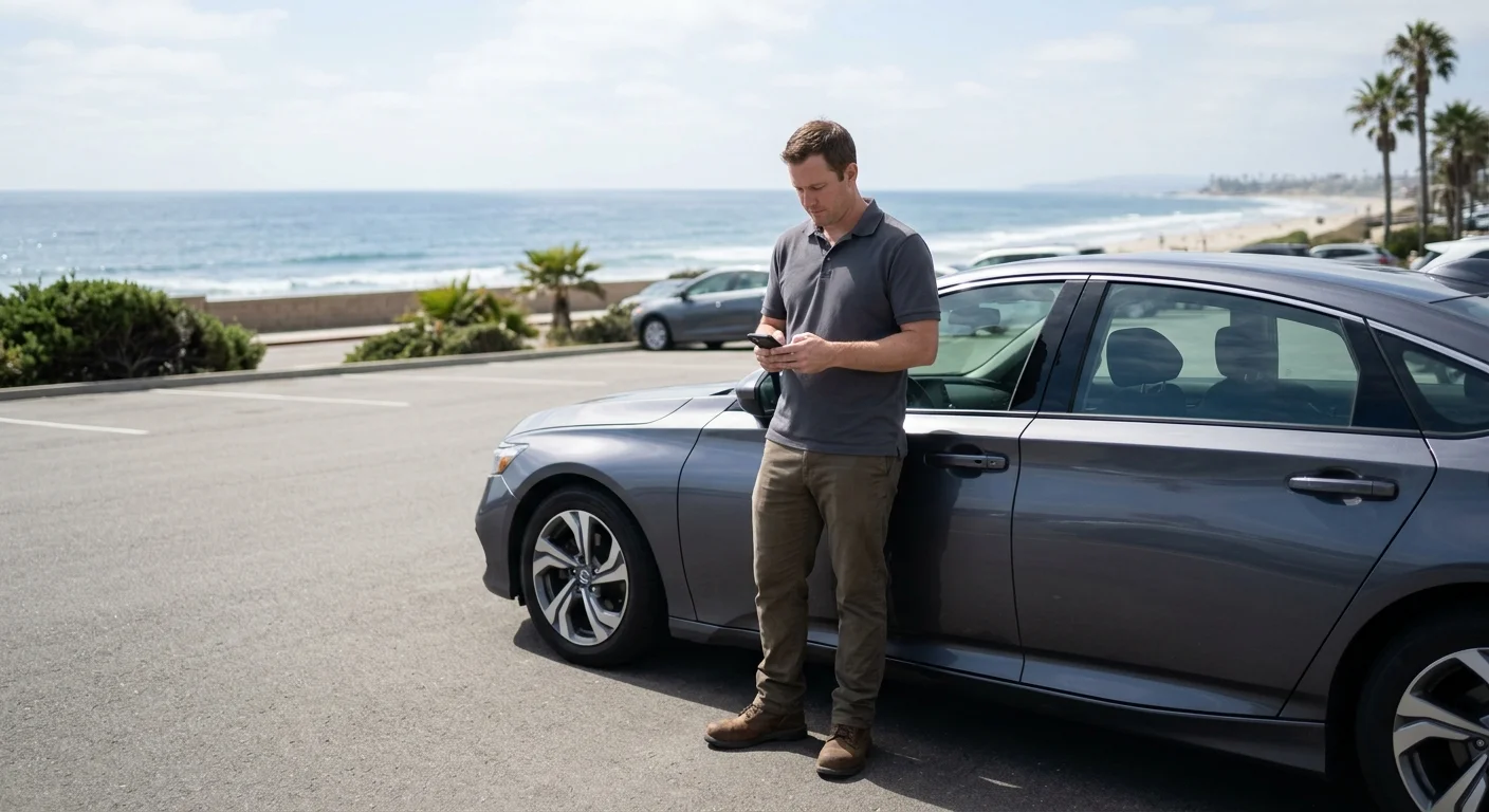 Driver beside a locked car in a clean Oceanside parking area
