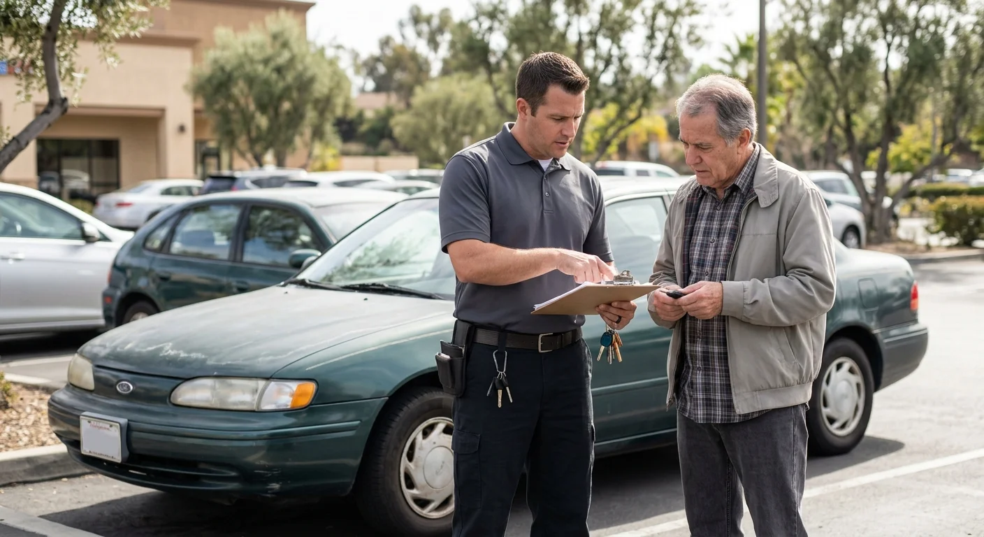 An owner reviewing an older car key with a locksmith in Escondido